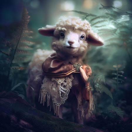 Sheep doll in the forest with ferns. fairy taleの素材