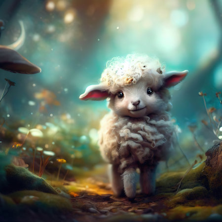 Sheep in a fairy forest. Fairytale scene with cute sheep.の素材