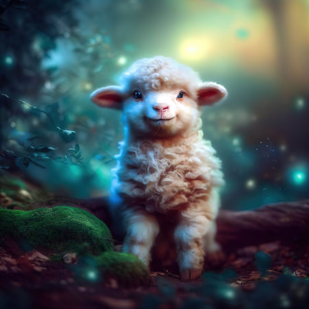 Cute little lamb sitting in the forest at night. Vintage style.の素材