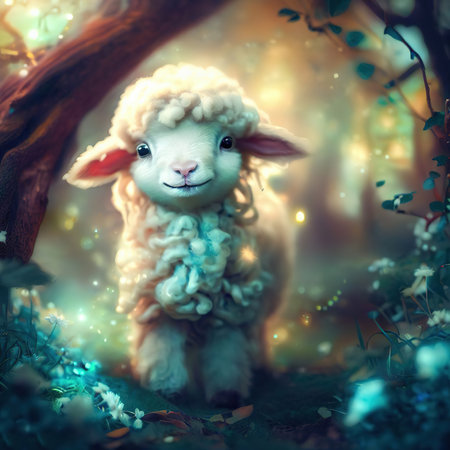 Cute little lamb in the fairy forest. Fairytale image.の素材