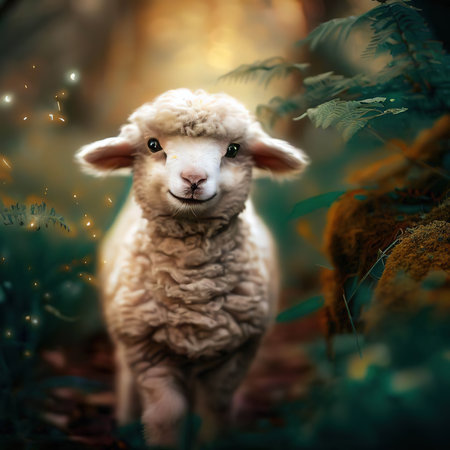 Cute little lamb in the forest with bokeh lights.の素材