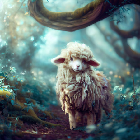 Sheep in the forest. Fairytale scene with cute lamb.の素材