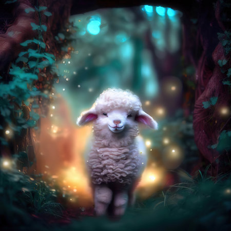 Lamb in the forest with bokeh lights. fairy taleの素材