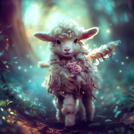 Little lamb in a fairy forest. Fairytale. Vintage style.の素材