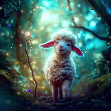 Little lamb in the forest with a magic wand. Christmas background.の素材