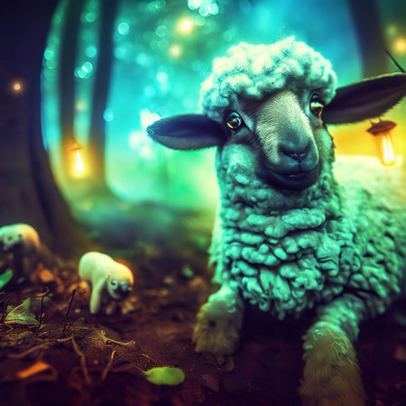Sheep in a magical forest with lights. Christmas and New Year card.の素材