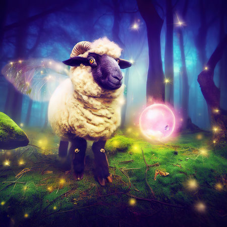 Sheep in the forest with magic lights. Fairy tale concept.の素材