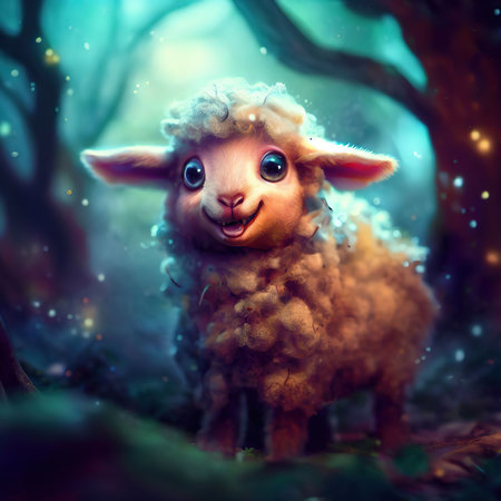 Funny little lamb in the forest. Christmas and New Year card.の素材