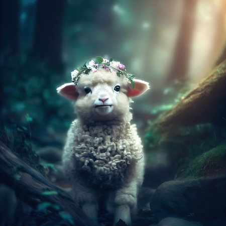 Sheep in the forest with a wreath of flowers on her headの素材