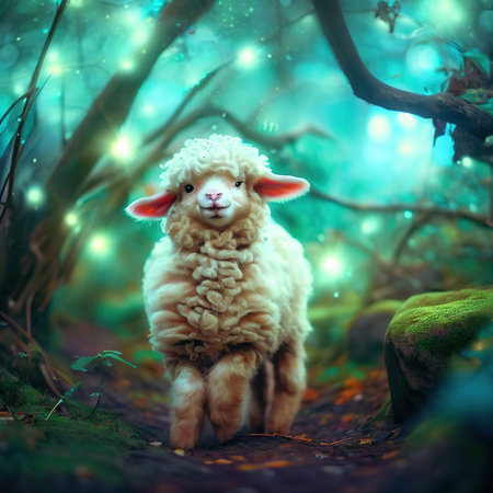 Funny little lamb in the forest. New Year's card.の素材