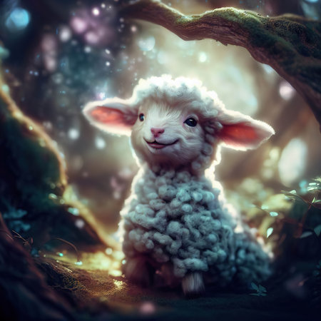 Cute little lamb in fairy forest. New Year and Christmas card.の素材