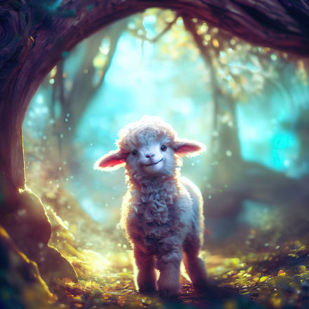 Cute little lamb in a magical forest. Photo in retro style.の素材