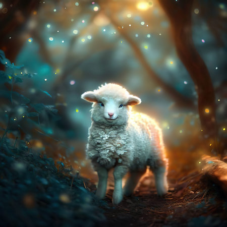 Sheep in the forest at sunset. Fantasy image of sheep.の素材