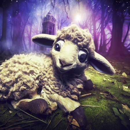 Sheep in the forest at night. Fairytale. 3D renderingの素材