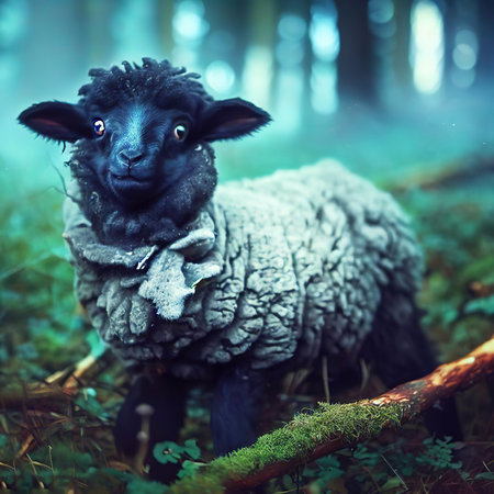 Sheep in the forest. Fairy tale scene. Vintage style.の素材