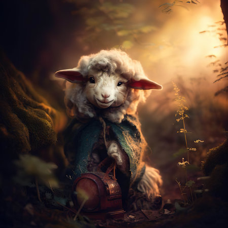 Sheep doll in the forest at sunset. Fantasy and fairy tale.の素材