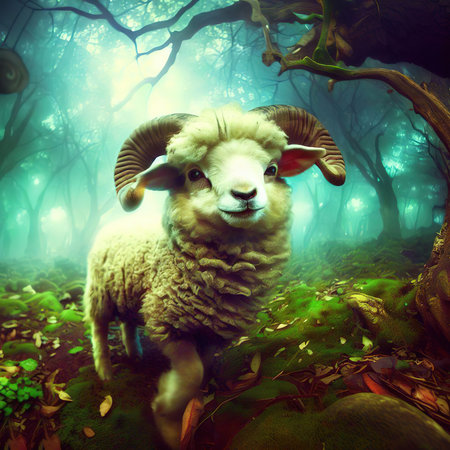 Sheep in the forest. Fairytale scene. 3D renderingの素材