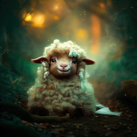 Cute little lamb in the forest at night. Fantasy image.の素材