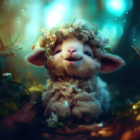 Sheep in a wreath of flowers on a background of the forestの素材
