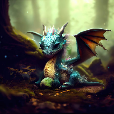 Fantasy dragon in the forest. 3D illustration. Fairytale.の素材