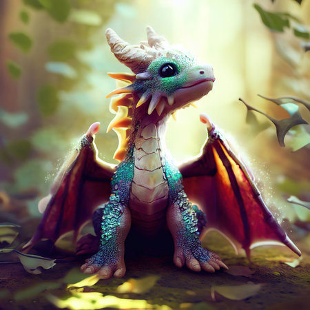 Fairy tale dragon in the forest. Fantasy illustration. 3d renderingの素材