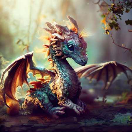 Fantasy dragon in the forest. 3D illustration. Fairytale.の素材