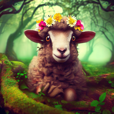 Sheep in the forest with flowers in their hair. Vintage style.の素材