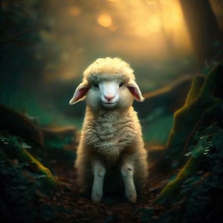 Cute little lamb in the forest. Vintage style toned pictureの素材