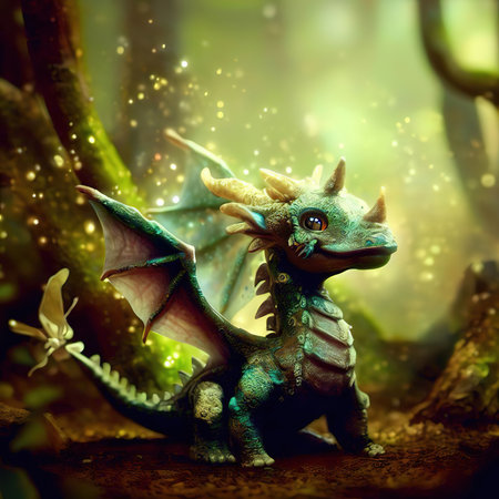 Fantasy fairy tale dragon in the forest. Fairy tale. 3d renderingの素材