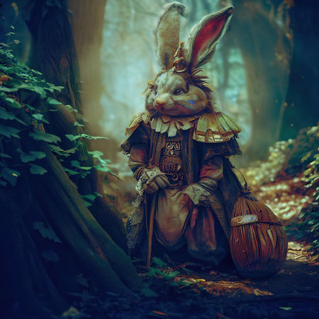 Easter bunny with basket of eggs in the forest. Halloween concept.の素材