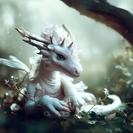 White fantasy dragon with a crown of leaves in the forest. Fairy tale.の素材