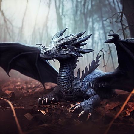 3d rendering of a fantasy dragon in the forest. Fantasy scene.の素材