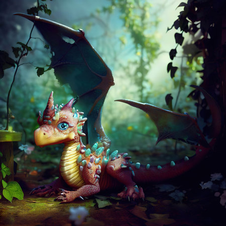Fantasy dragon in the forest. 3d illustration. Fairy tale.の素材