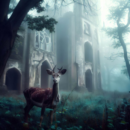 Fantasy image of a wild deer in a foggy forest.の素材
