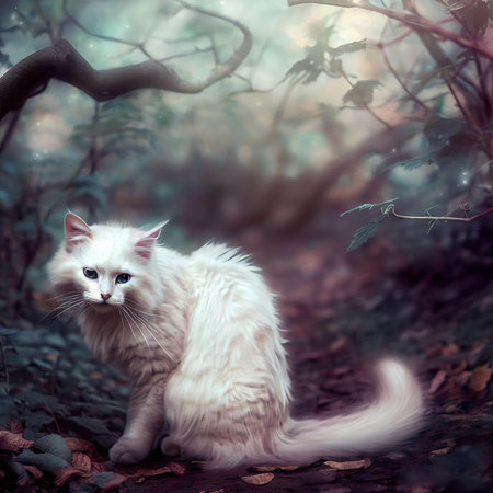Beautiful white cat in the forest. Photo in old color image style.の素材