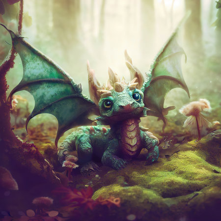 Fantasy scene with fantasy dragon in the forest. 3d illustrationの素材
