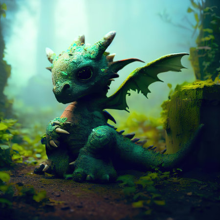 Green fantasy dragon in the forest. Fairy tale scene. 3d renderingの素材