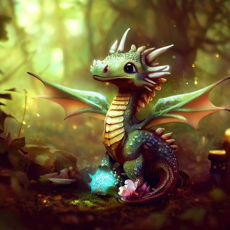 Fantasy dragon in the forest. Fairy tale. 3D illustration.の素材