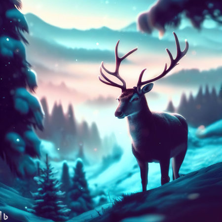 Deer in the forest. Christmas background. 3D illustration.の素材