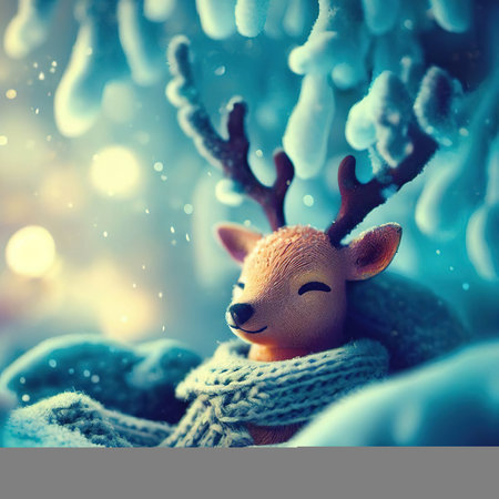 Christmas and New Year background. Cute reindeer toy in knitted hat and scarf on snowy background.の素材