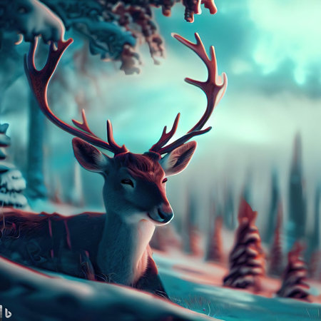 Deer in winter forest. 3D render. Vintage style.の素材