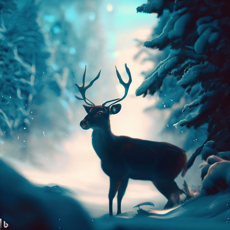 Deer in the winter forest. Photo in old color image style.の素材