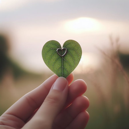 Female hand holding a heart shaped leaf on blurred nature background. Love conceptの素材