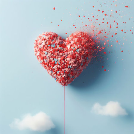 Red heart shaped balloon on blue sky background. 3d illustration.の素材
