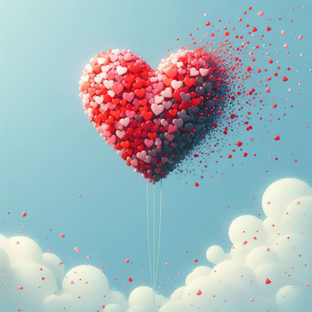 Colorful heart shaped balloon in the sky. Valentines day backgroundの素材