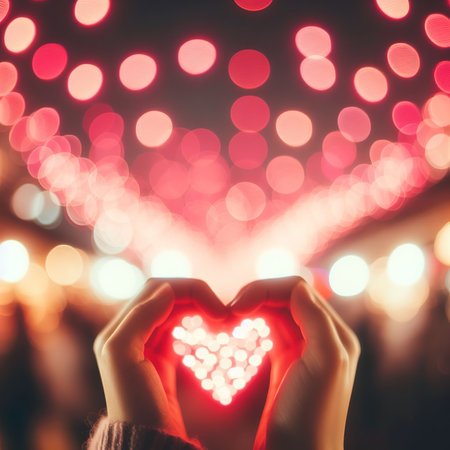 Hands holding heart shape bokeh background. Valentine's day conceptの素材