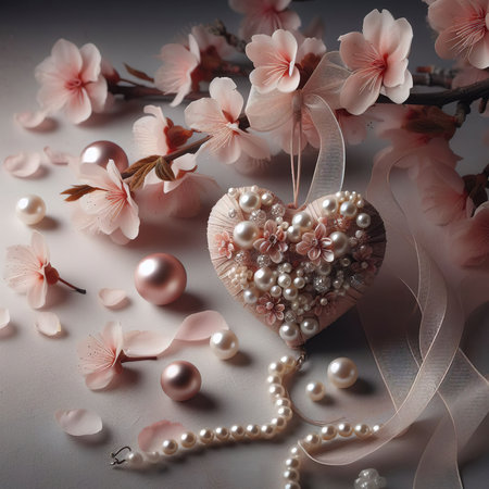 Valentine's day background with pearls and cherry blossomsの素材