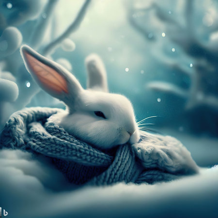 Winter background with a white rabbit wearing a scarf and snowflakesの素材
