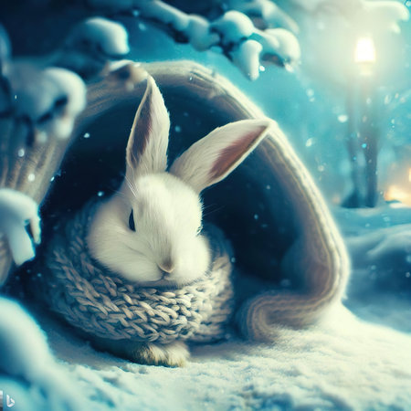 Cute little white rabbit in a knitted hat in the winter forestの素材