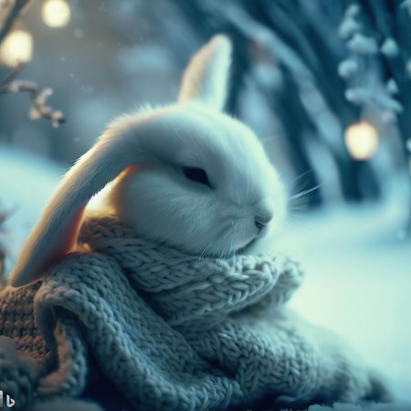 Cute white rabbit in knitted scarf on the background of winter forestの素材